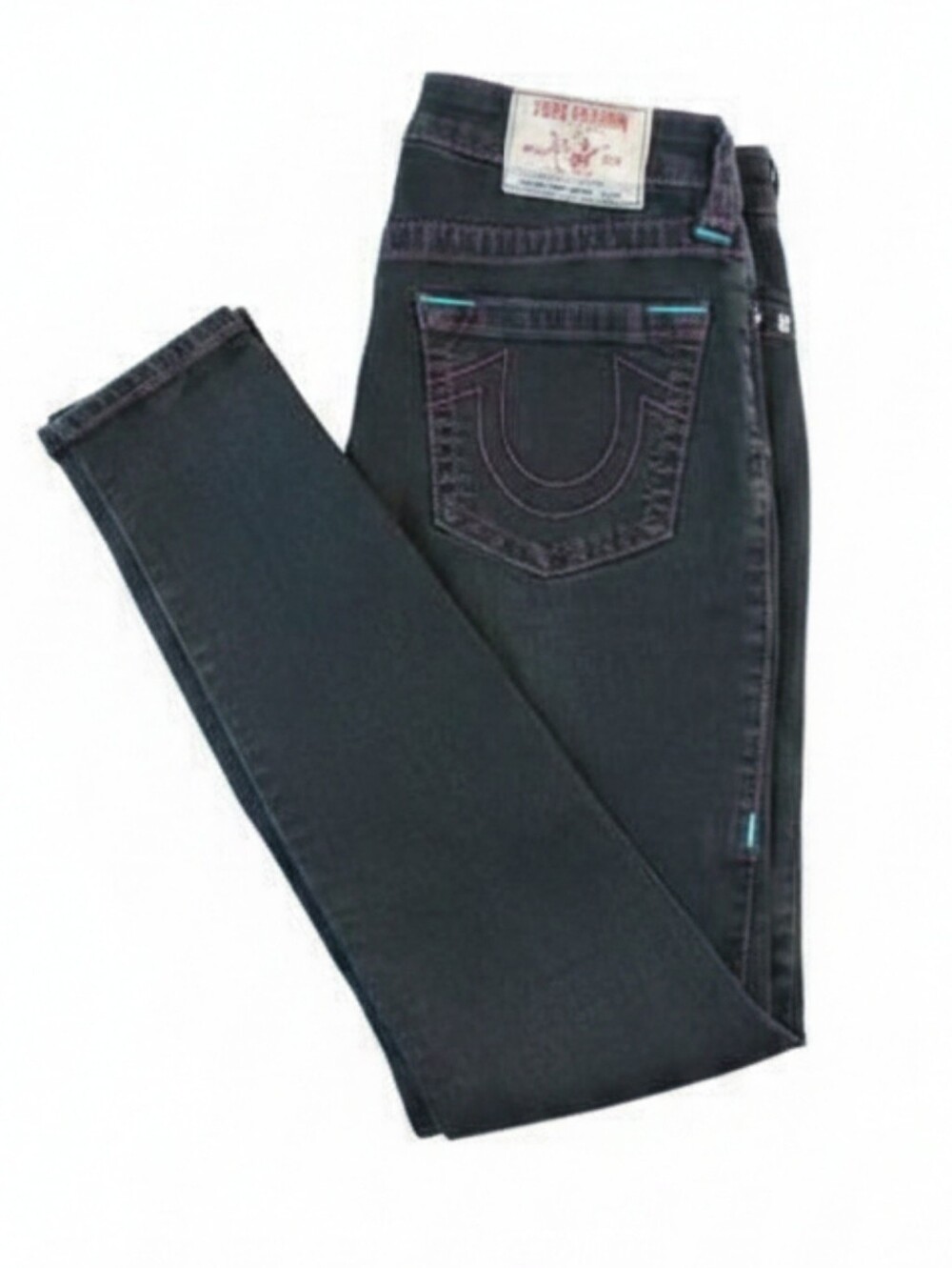RARE True Religion Curvy Skinny Jeans Womans 30 Black Pink Purple Teal Stitch